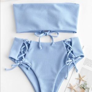 ZAFUL Lace up Ribbed Strapless bikini set